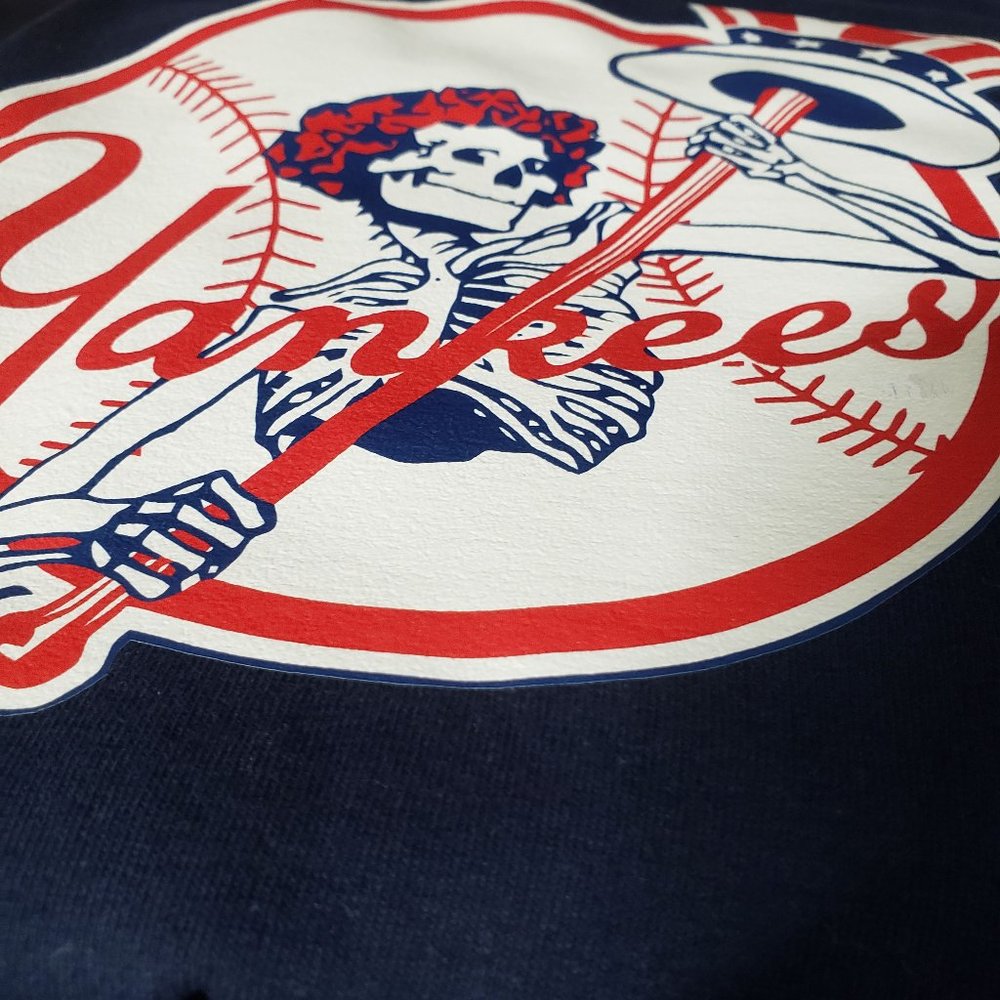 Bertha style skelly NY Grateful Dead mash-up Yankees parody long sleeve t-shirt